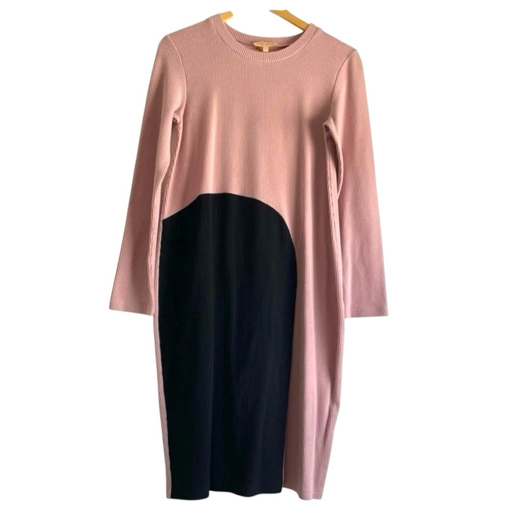 MADYSON Pink Ribbed Long Sleeve Dress Size 16 Teen Girl Below Knee Length Midi